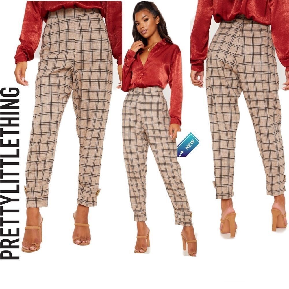 Pretty Little Things NWT Black Tan Check Peg Leg Pants Sz US 8